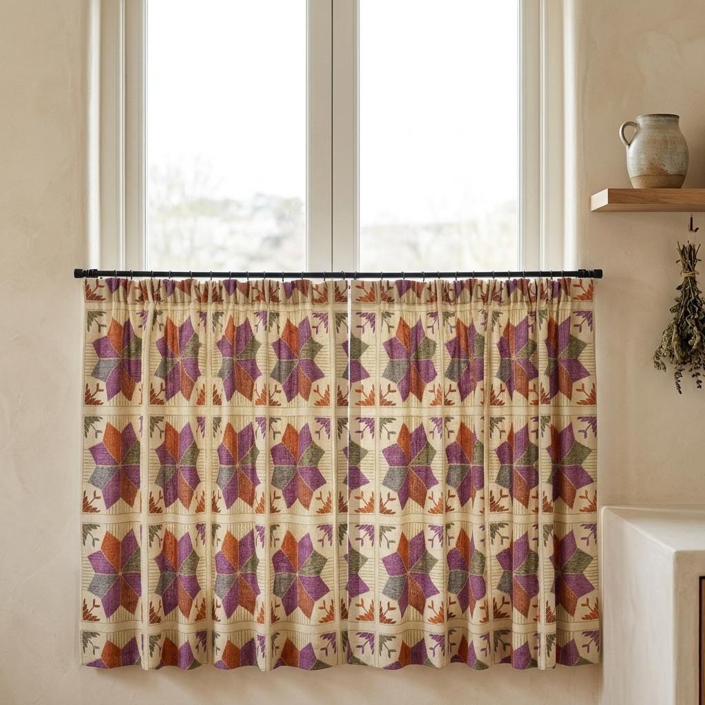 Ivory Geometric Linen Cotton Curtains, Purple Rust Gray Mid Century Boho Drapes, Custom Blackout Window Panels — image 4