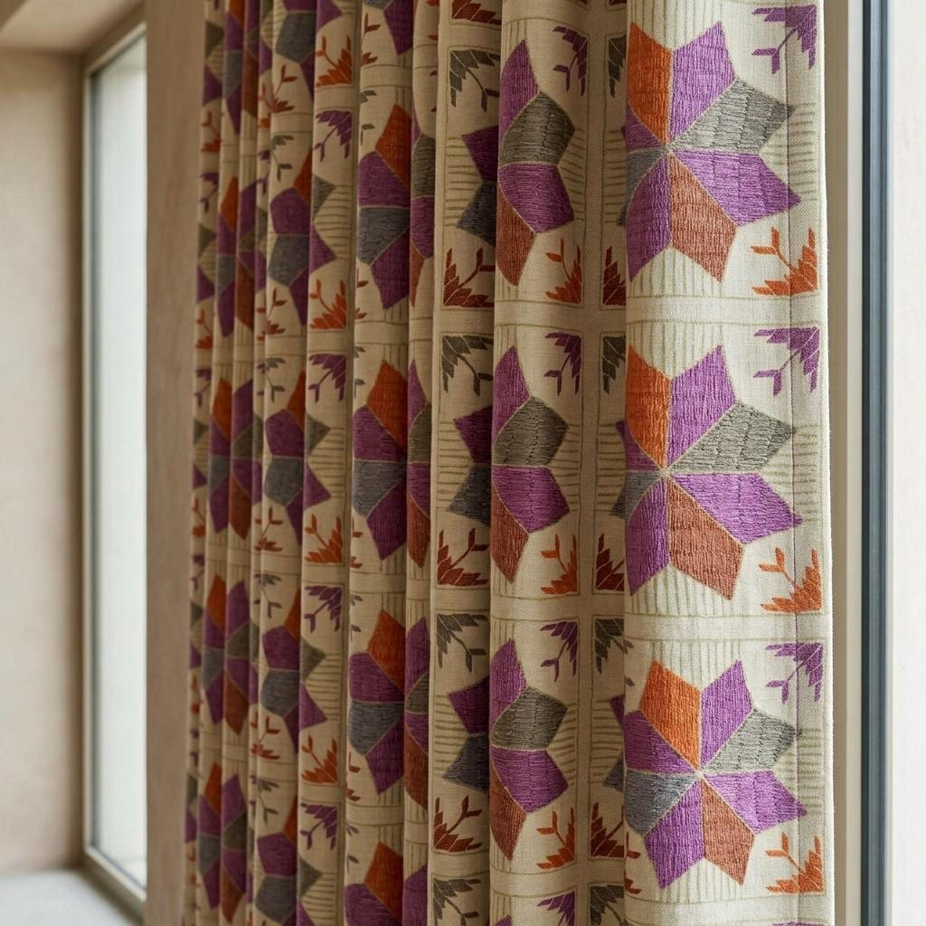 Ivory Geometric Linen Cotton Curtains, Purple Rust Gray Mid Century Boho Drapes, Custom Blackout Window Panels — image 1