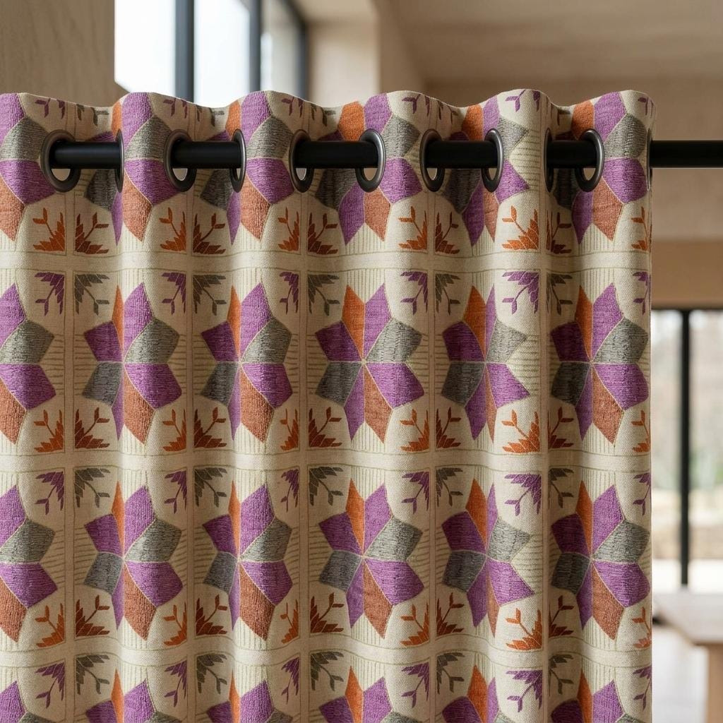 Ivory Geometric Linen Cotton Curtains, Purple Rust Gray Mid Century Boho Drapes, Custom Blackout Window Panels — image 9