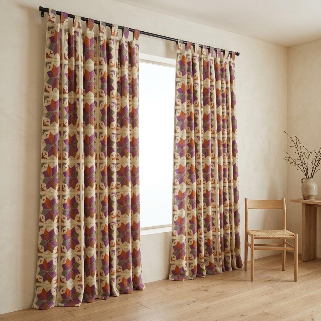 Ivory Geometric Linen Cotton Curtains, Purple Rust Gray Mid Century Boho Drapes, Custom Blackout Window Panels — image 7