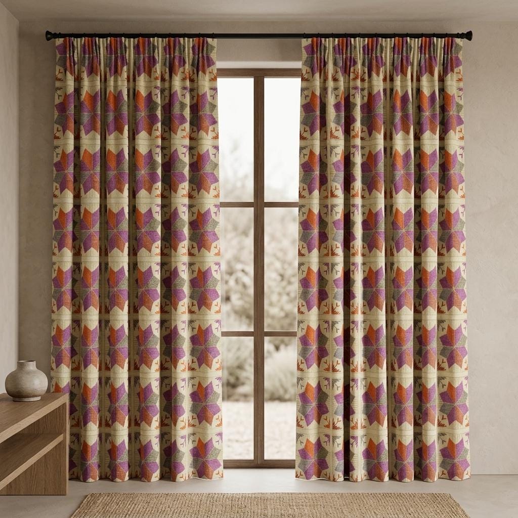 Ivory Geometric Linen Cotton Curtains, Purple Rust Gray Mid Century Boho Drapes, Custom Blackout Window Panels — image 6