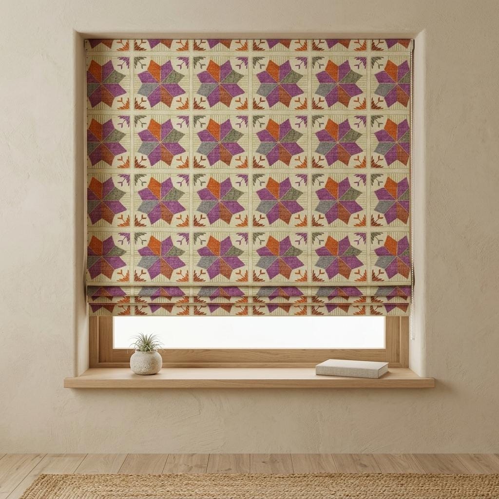 Custom Roman Shade, Ivory Cotton Linen Blind, Purple Orange Geometric Floral Print, Boho Blackout or Light Filtering Window Shade — image 1