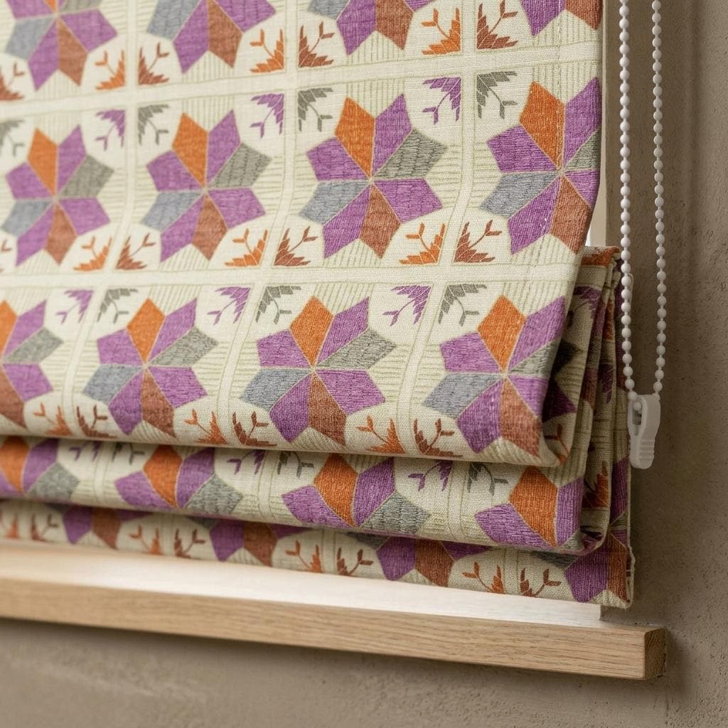 Custom Roman Shade, Ivory Cotton Linen Blind, Purple Orange Geometric Floral Print, Boho Blackout or Light Filtering Window Shade — image 1