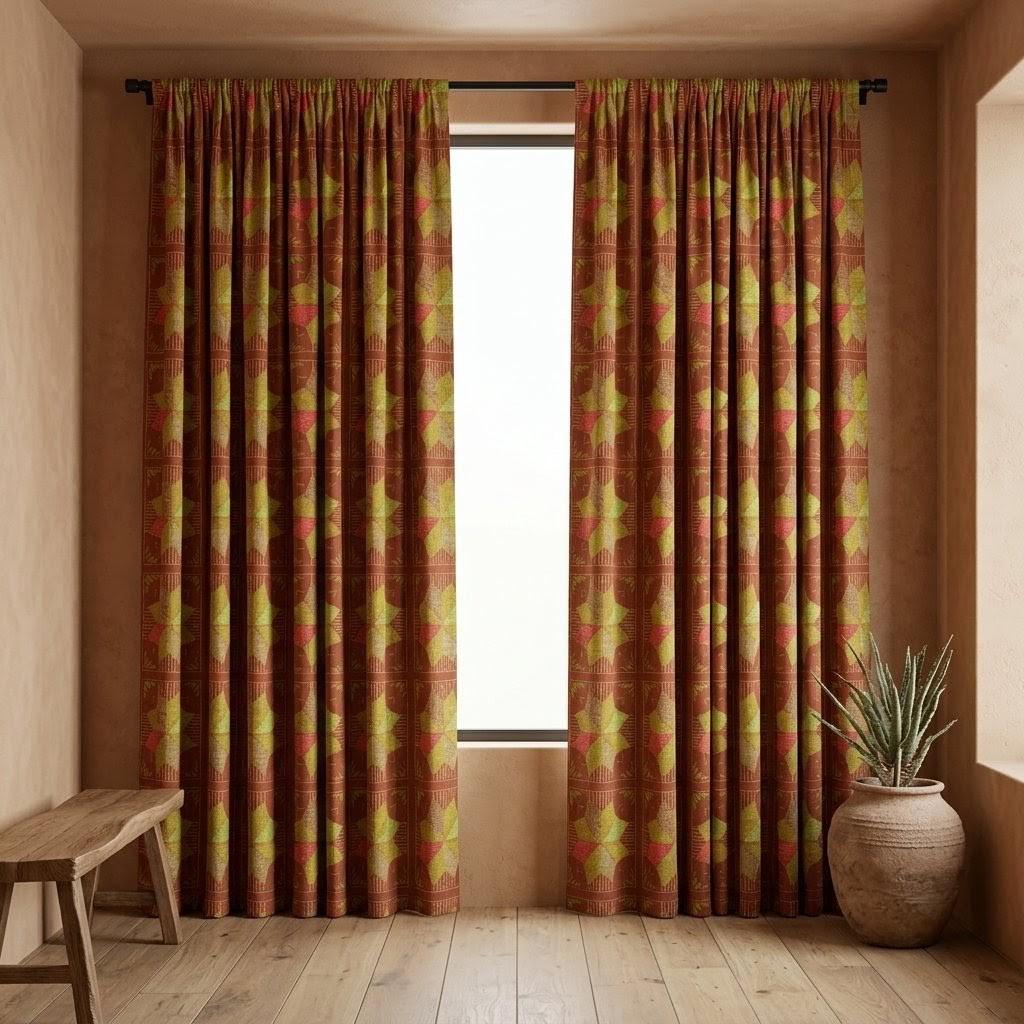 Terracotta Rust Geometric Linen Cotton Curtains, Olive Green Coral Mid Century Boho Drapes, Custom Blackout Window Panels — image 3