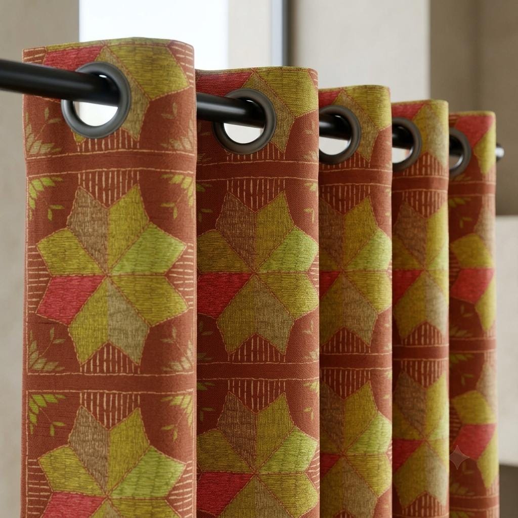 Terracotta Rust Geometric Linen Cotton Curtains, Olive Green Coral Mid Century Boho Drapes, Custom Blackout Window Panels — image 4