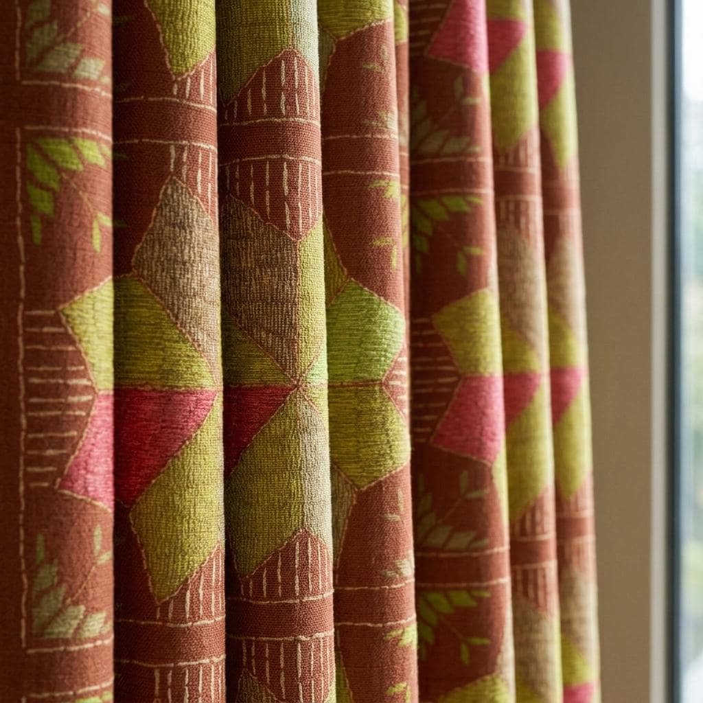 Terracotta Rust Geometric Linen Cotton Curtains, Olive Green Coral Mid Century Boho Drapes, Custom Blackout Window Panels — image 9