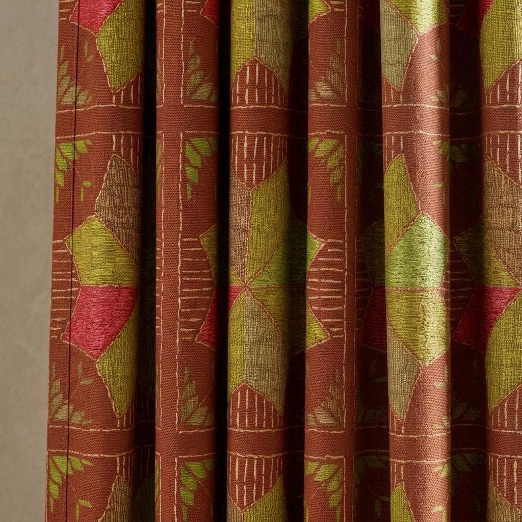 Terracotta Rust Geometric Linen Cotton Curtains, Olive Green Coral Mid Century Boho Drapes, Custom Blackout Window Panels — image 6