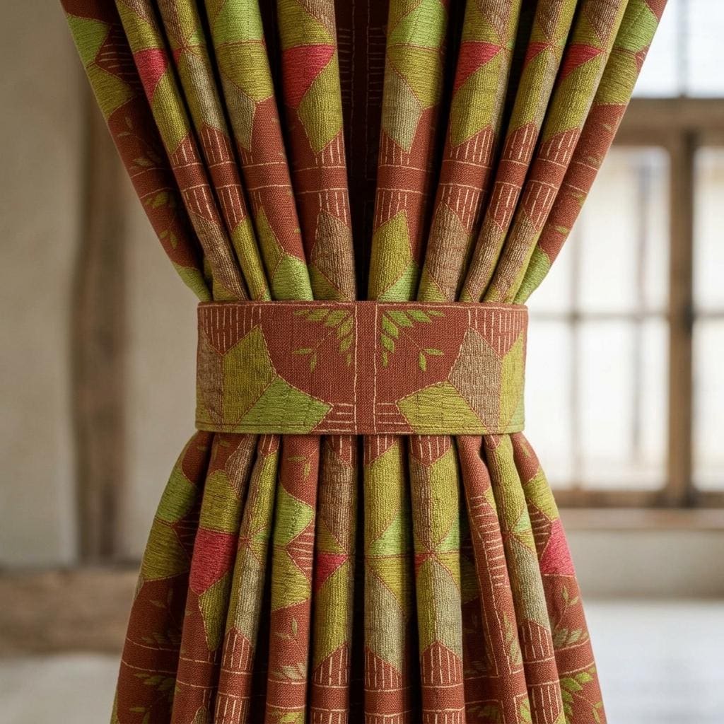 Terracotta Rust Geometric Linen Cotton Curtains, Olive Green Coral Mid Century Boho Drapes, Custom Blackout Window Panels — image 2