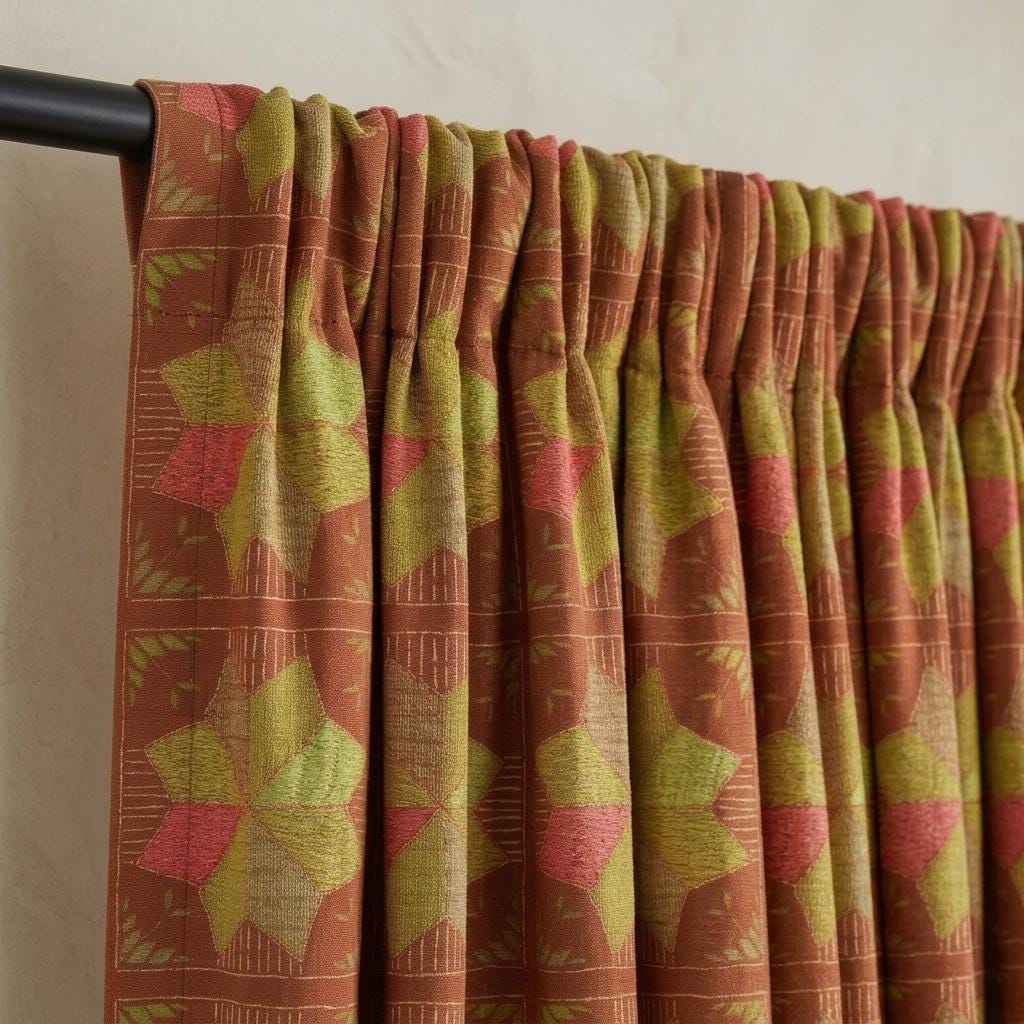 Terracotta Rust Geometric Linen Cotton Curtains, Olive Green Coral Mid Century Boho Drapes, Custom Blackout Window Panels — image 7