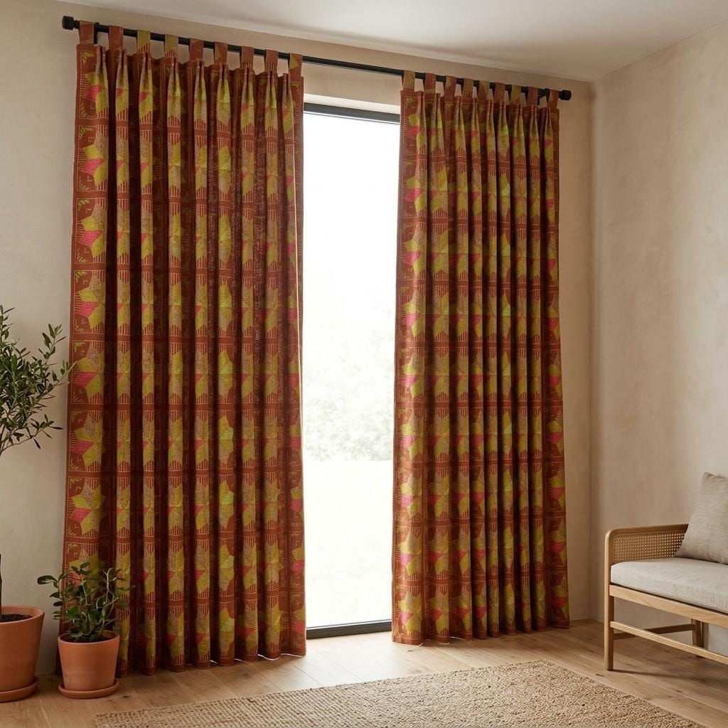 Terracotta Rust Geometric Linen Cotton Curtains, Olive Green Coral Mid Century Boho Drapes, Custom Blackout Window Panels — image 10