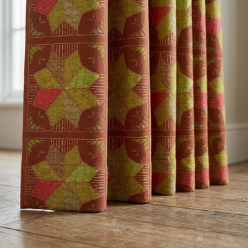 Terracotta Rust Geometric Linen Cotton Curtains, Olive Green Coral Mid Century Boho Drapes, Custom Blackout Window Panels — image 1