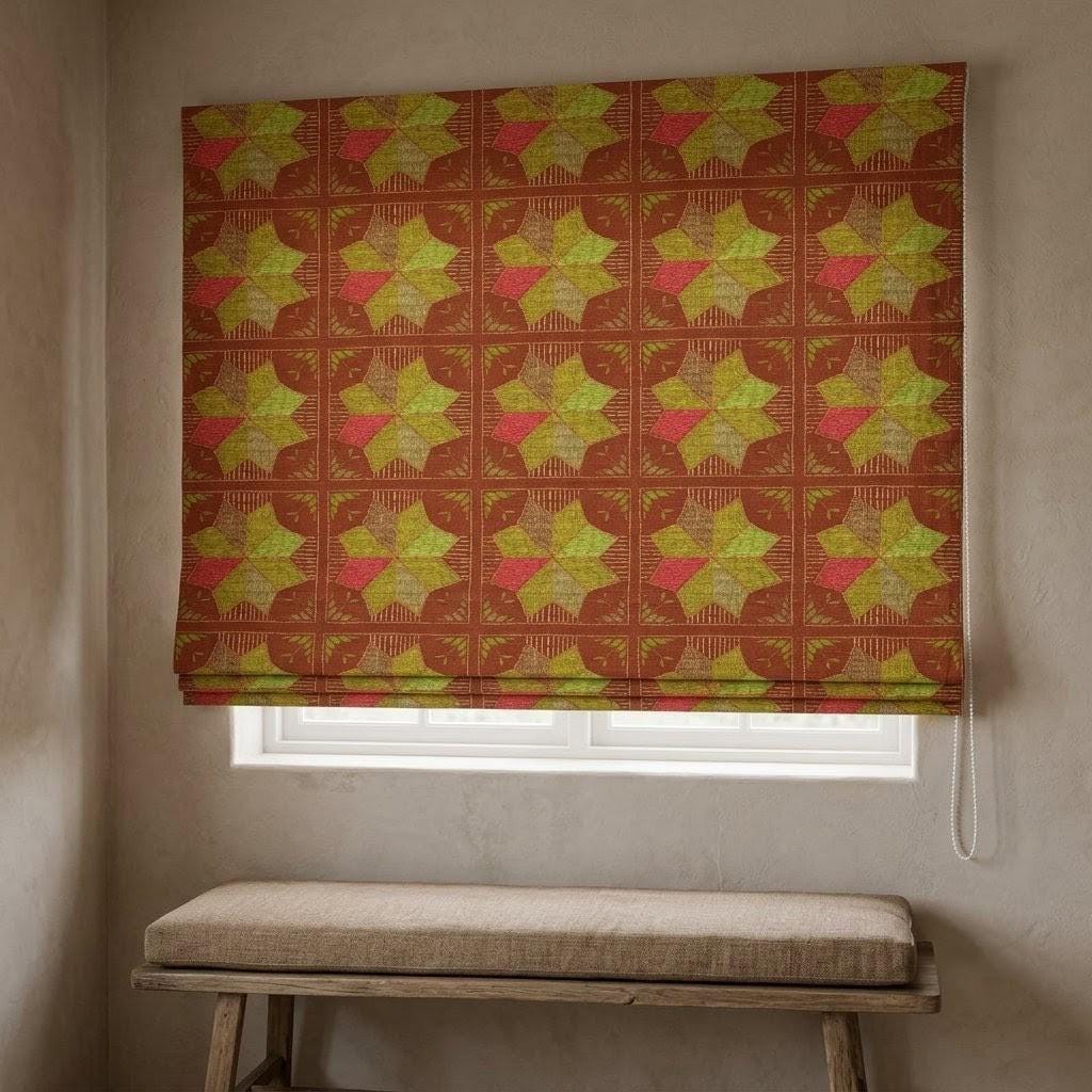 Custom Roman Shade, Rust Brown Cotton Linen Blind, Olive Green Geometric Floral Print, Boho Blackout or Light Filtering Shade — image 10