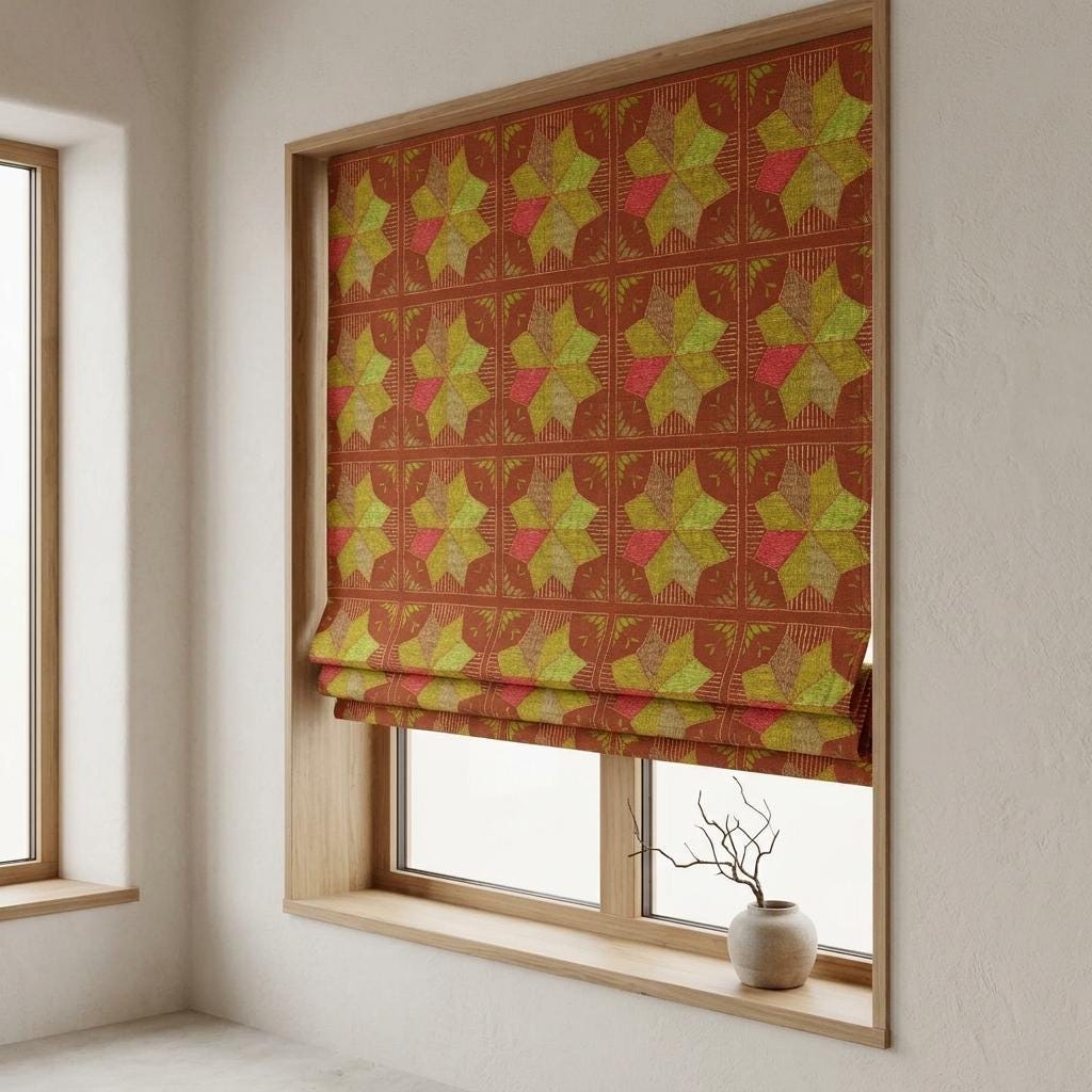Custom Roman Shade, Rust Brown Cotton Linen Blind, Olive Green Geometric Floral Print, Boho Blackout or Light Filtering Shade — image 2