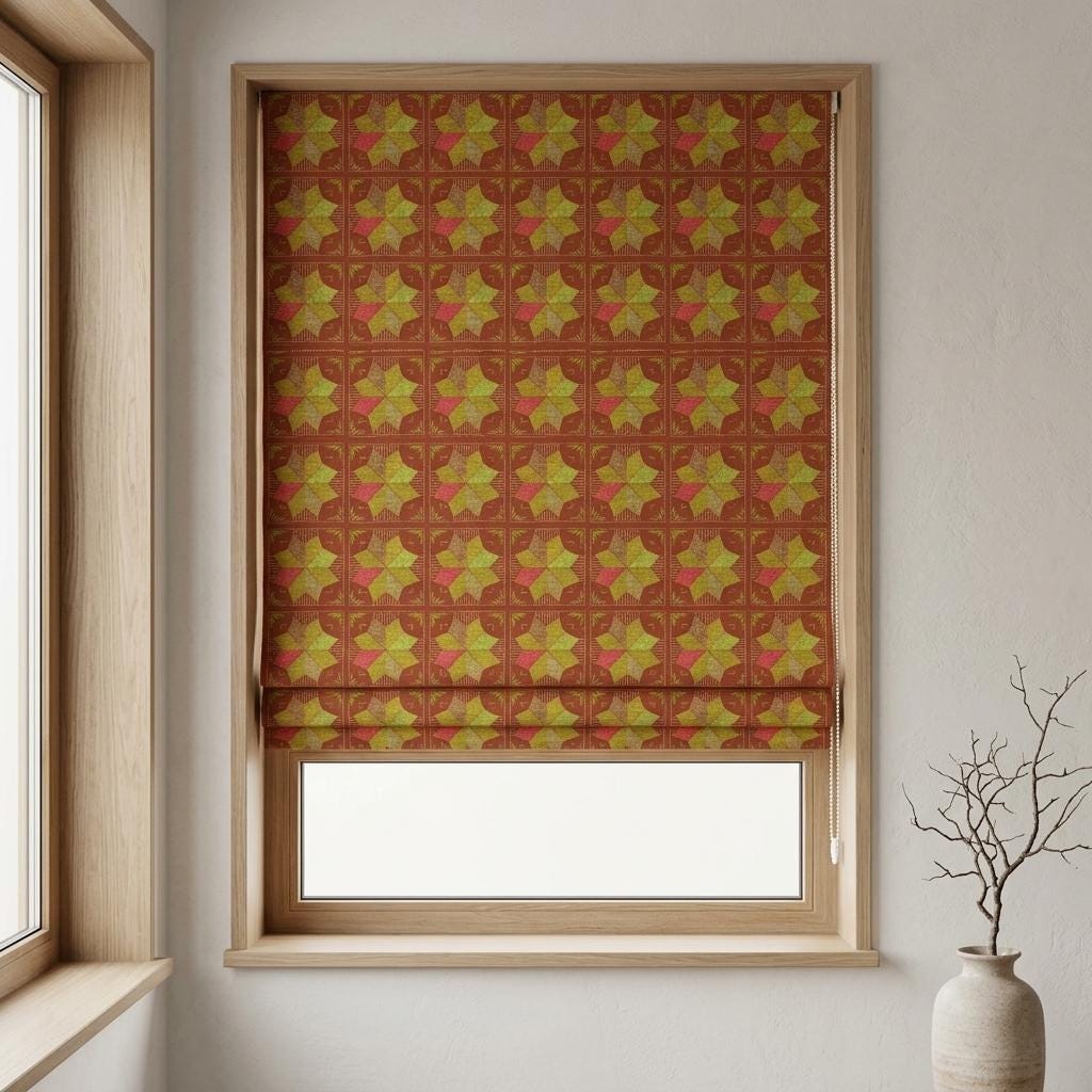 Custom Roman Shade, Rust Brown Cotton Linen Blind, Olive Green Geometric Floral Print, Boho Blackout or Light Filtering Shade — image 4