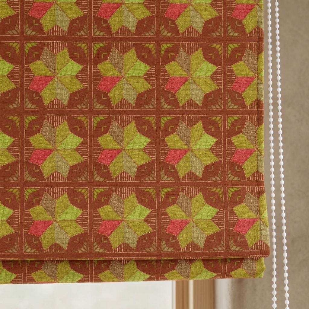 Custom Roman Shade, Rust Brown Cotton Linen Blind, Olive Green Geometric Floral Print, Boho Blackout or Light Filtering Shade — image 5