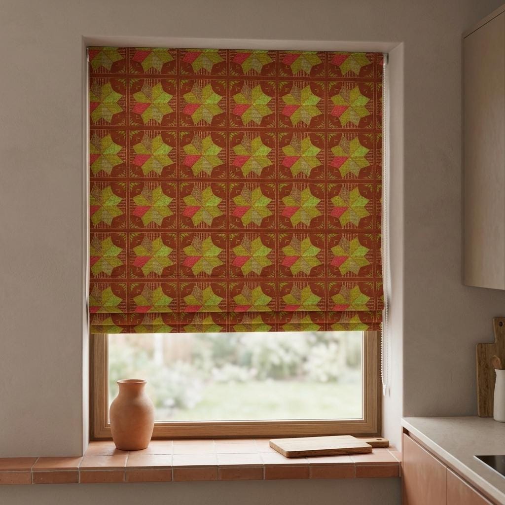 Custom Roman Shade, Rust Brown Cotton Linen Blind, Olive Green Geometric Floral Print, Boho Blackout or Light Filtering Shade — image 6