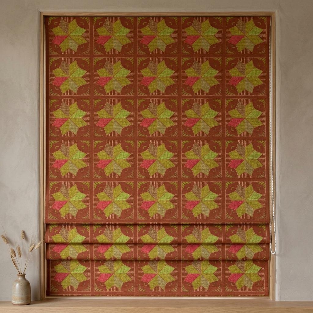 Custom Roman Shade, Rust Brown Cotton Linen Blind, Olive Green Geometric Floral Print, Boho Blackout or Light Filtering Shade — image 9