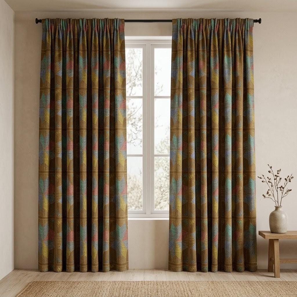 Olive Brown Geometric Linen Cotton Curtains, Blue Teal Mustard Mid Century Drapes, Custom Blackout Window Panels — image 6