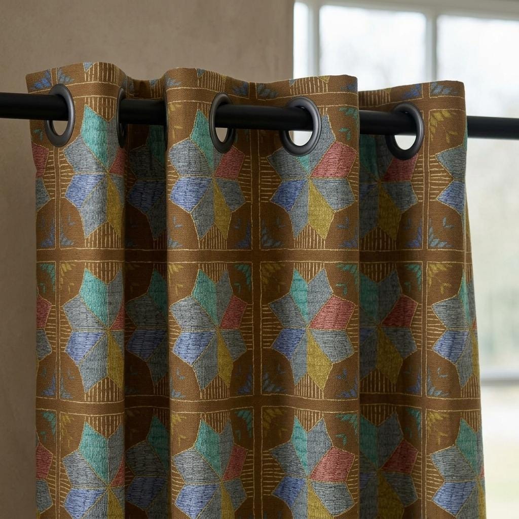 Olive Brown Geometric Linen Cotton Curtains, Blue Teal Mustard Mid Century Drapes, Custom Blackout Window Panels — image 9