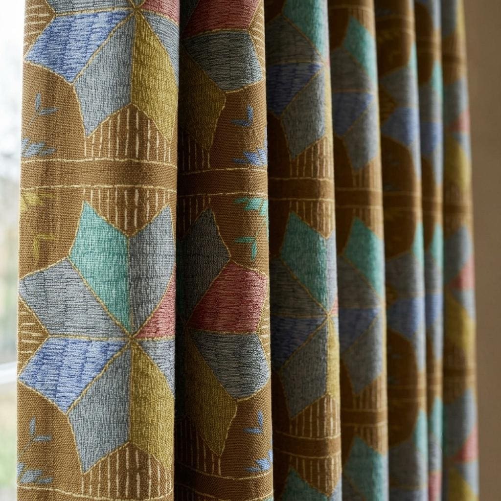 Olive Brown Geometric Linen Cotton Curtains, Blue Teal Mustard Mid Century Drapes, Custom Blackout Window Panels — image 4