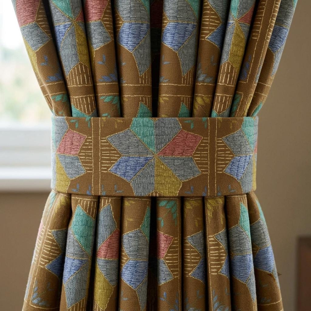 Olive Brown Geometric Linen Cotton Curtains, Blue Teal Mustard Mid Century Drapes, Custom Blackout Window Panels — image 2