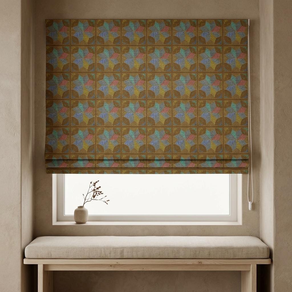 Custom Roman Shade, Tobacco Brown Cotton Linen Blind, Teal Blue Geometric Floral Print, Blackout or Light Filtering — image 9