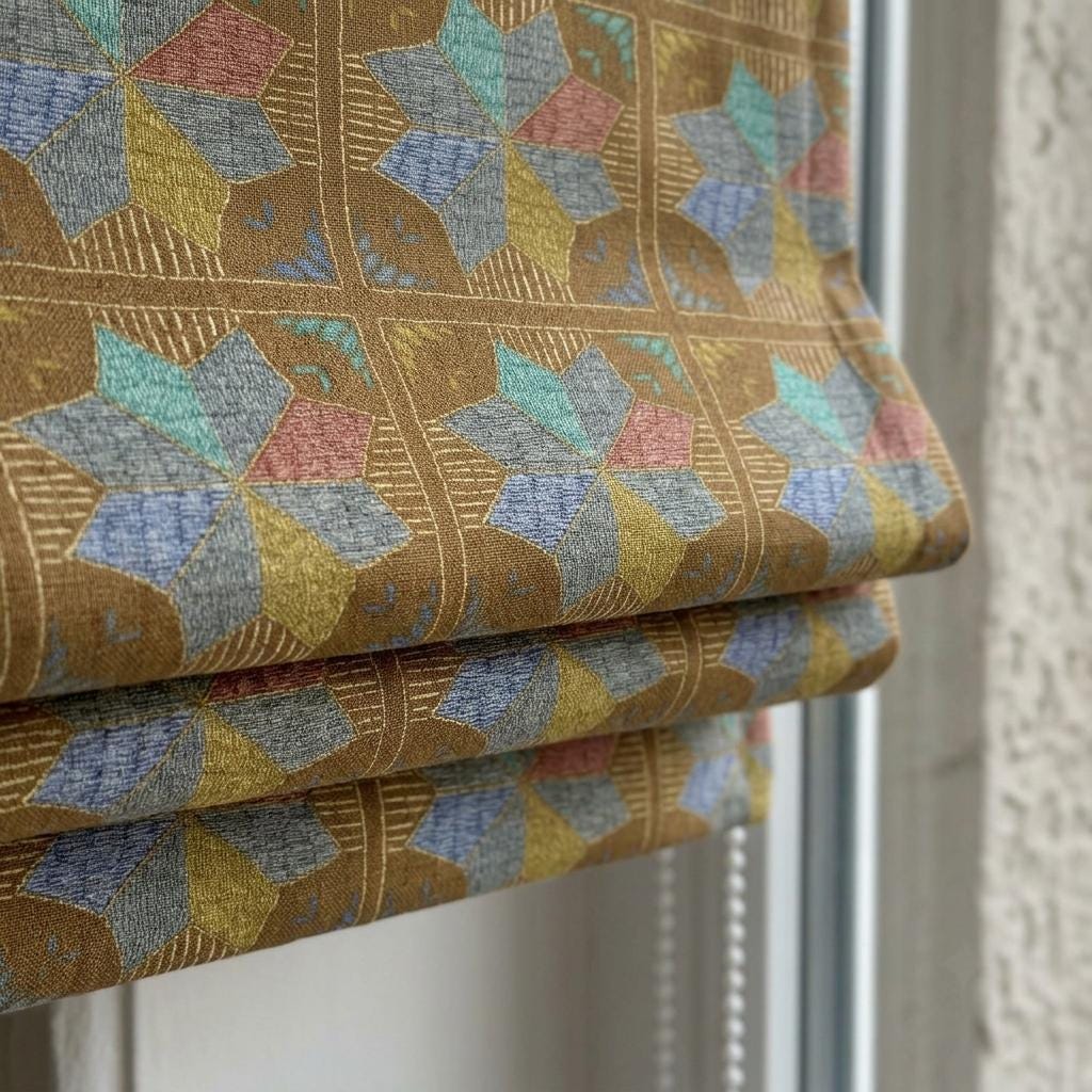 Custom Roman Shade, Tobacco Brown Cotton Linen Blind, Teal Blue Geometric Floral Print, Blackout or Light Filtering — image 3