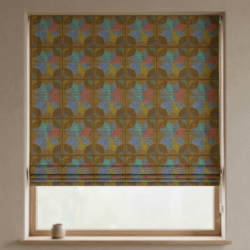 Custom Roman Shade, Tobacco Brown Cotton Linen Blind, Teal Blue Geometric Floral Print, Blackout or Light Filtering — image 2
