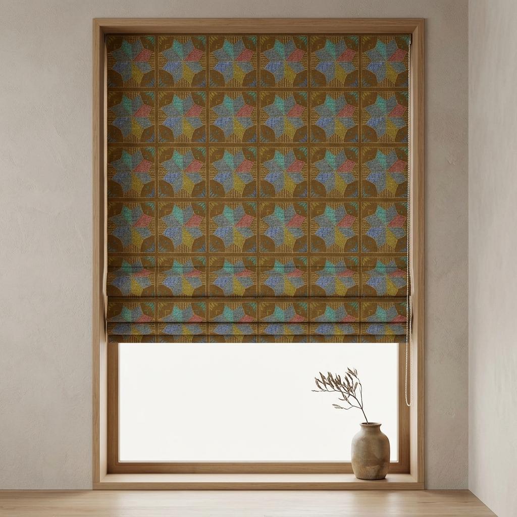 Custom Roman Shade, Tobacco Brown Cotton Linen Blind, Teal Blue Geometric Floral Print, Blackout or Light Filtering — image 8