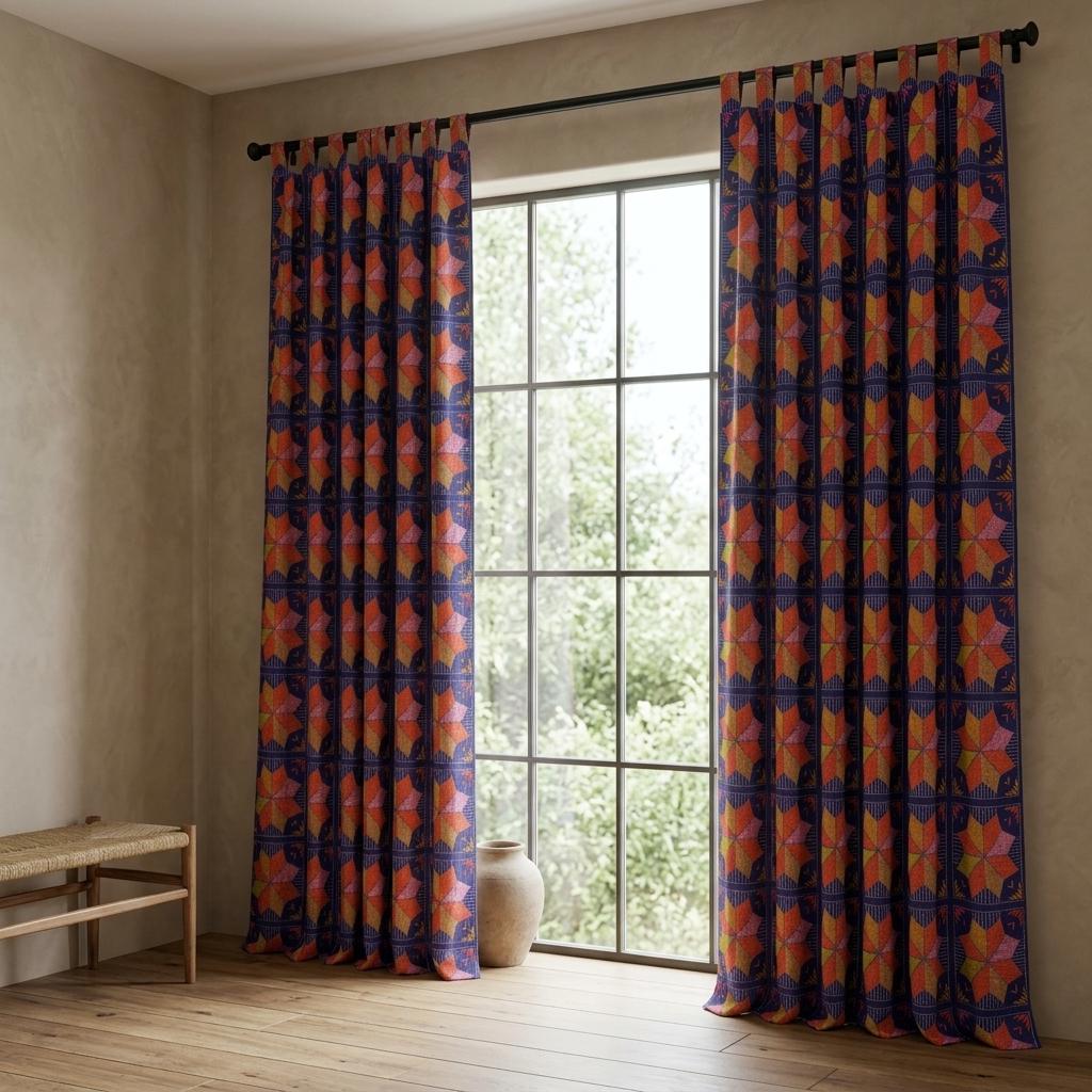 Navy Blue Geometric Linen Cotton Curtains, Orange Pink Mustard Mid Century Drapes, Custom Blackout Window Panels — image 4
