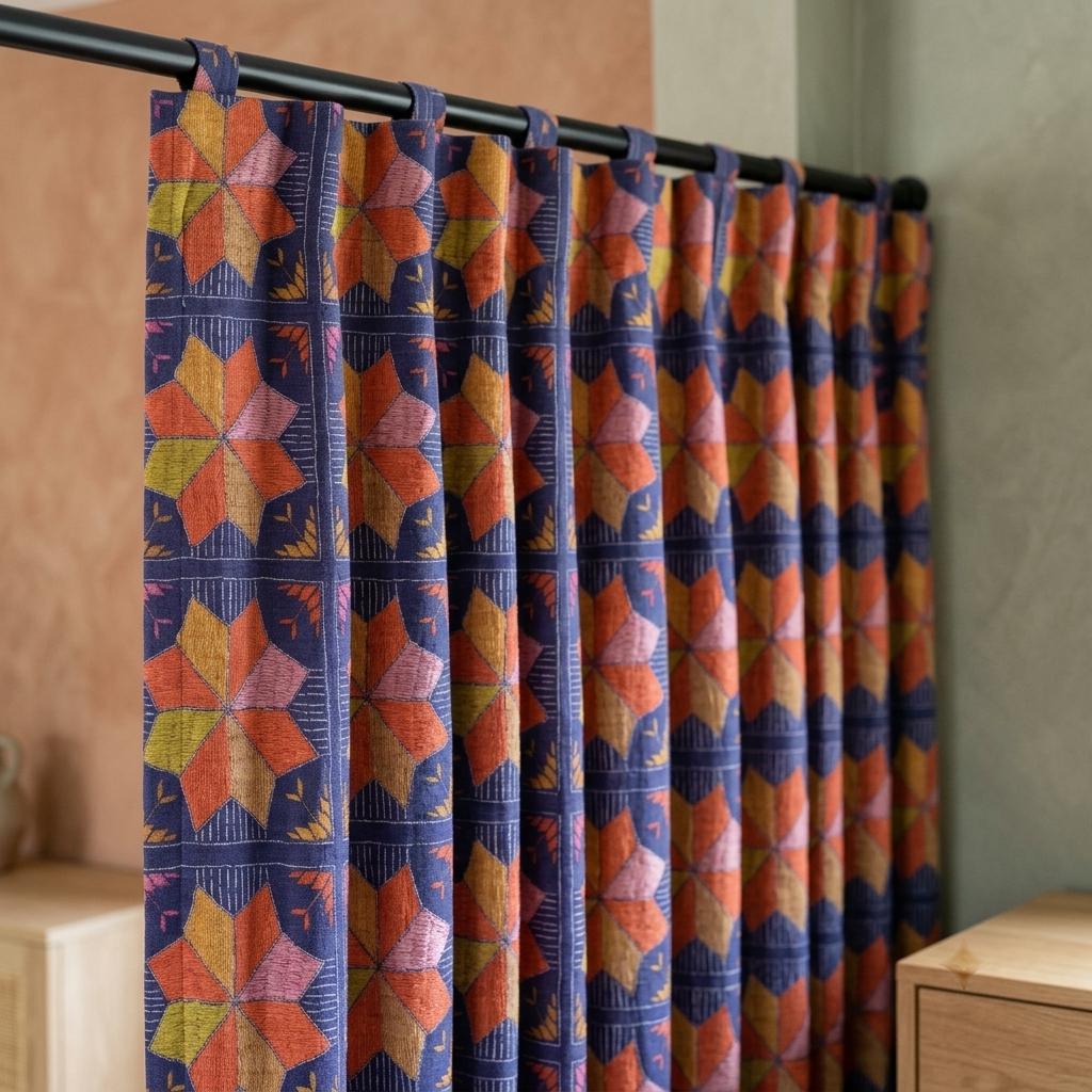 Navy Blue Geometric Linen Cotton Curtains, Orange Pink Mustard Mid Century Drapes, Custom Blackout Window Panels — image 9