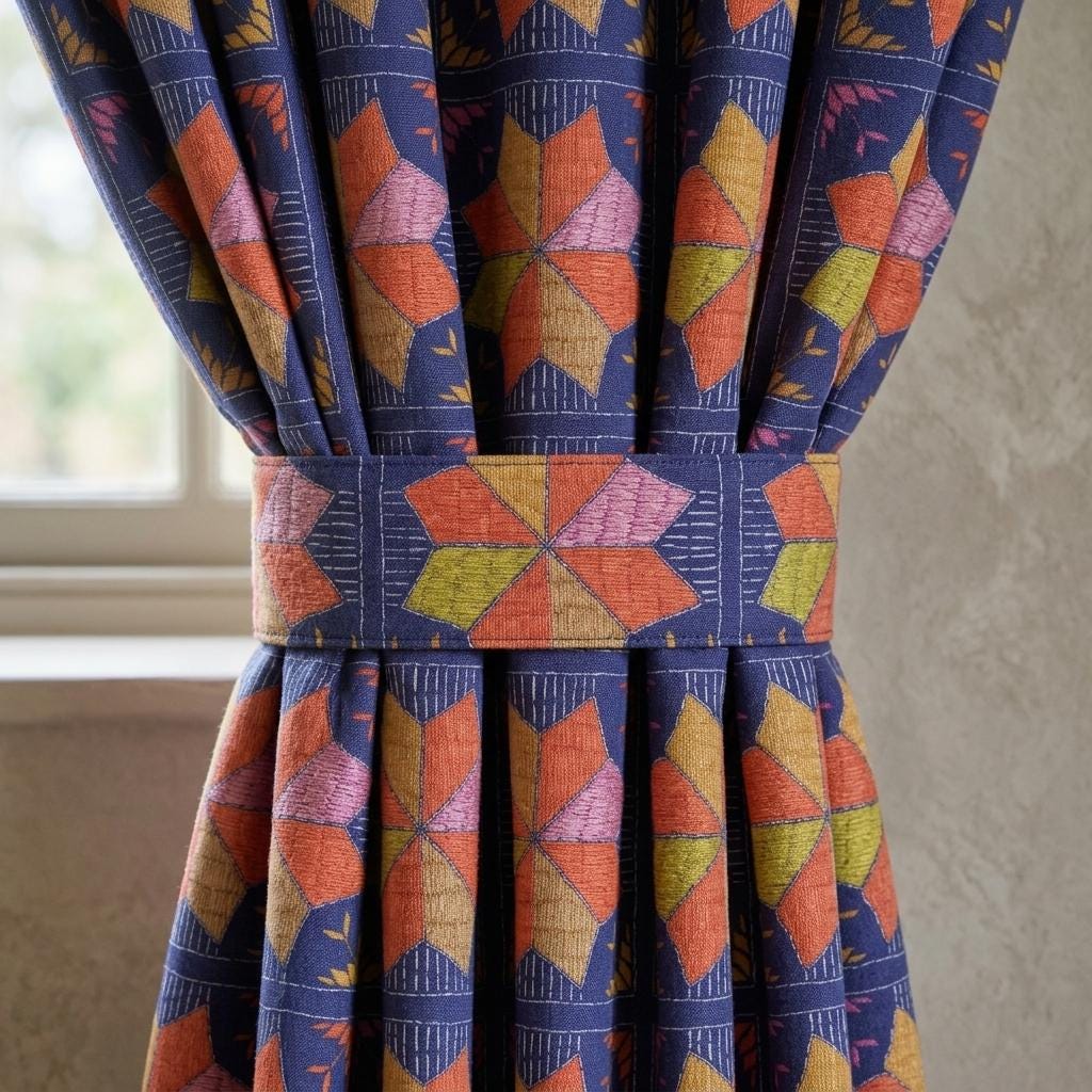 Navy Blue Geometric Linen Cotton Curtains, Orange Pink Mustard Mid Century Drapes, Custom Blackout Window Panels — image 2