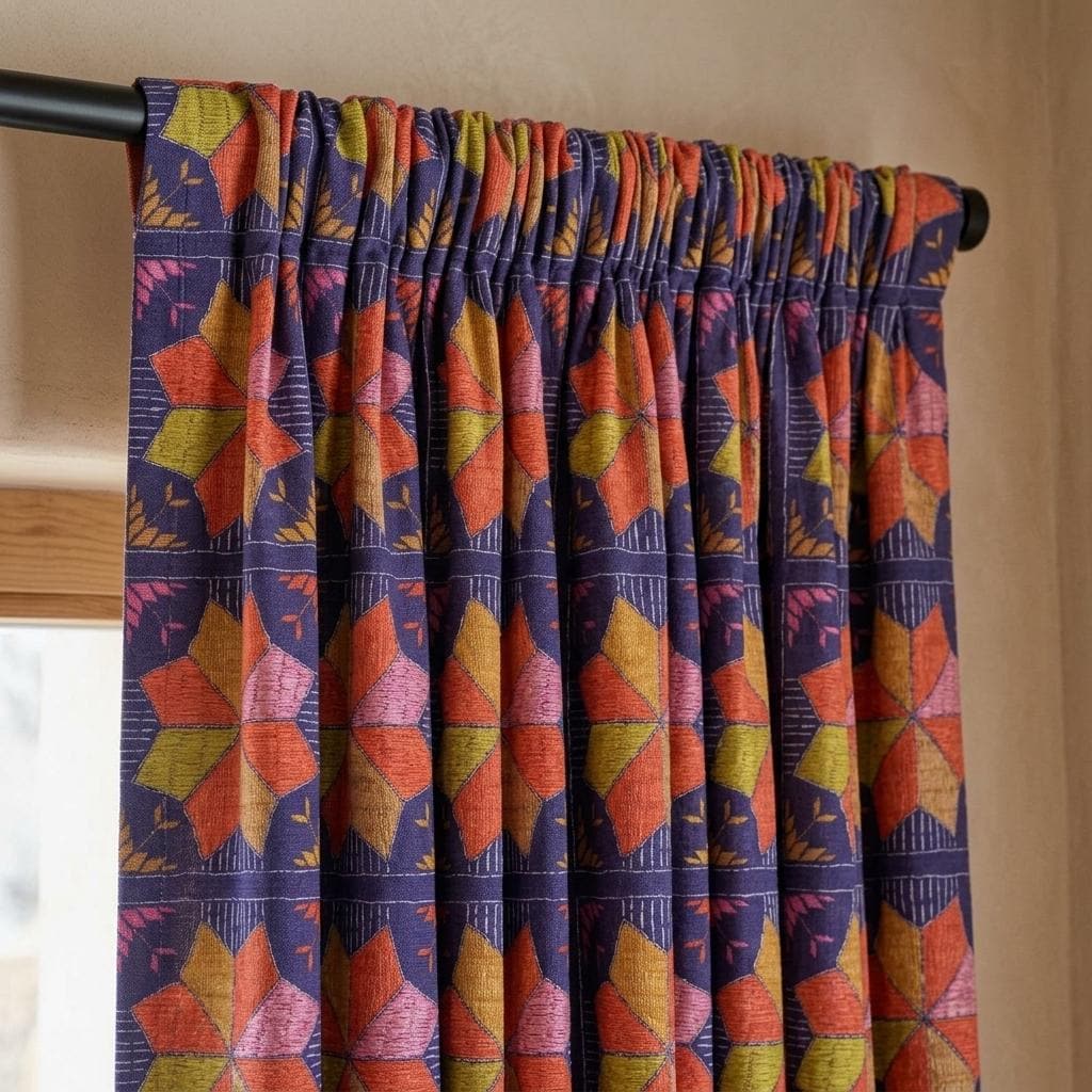 Navy Blue Geometric Linen Cotton Curtains, Orange Pink Mustard Mid Century Drapes, Custom Blackout Window Panels — image 7