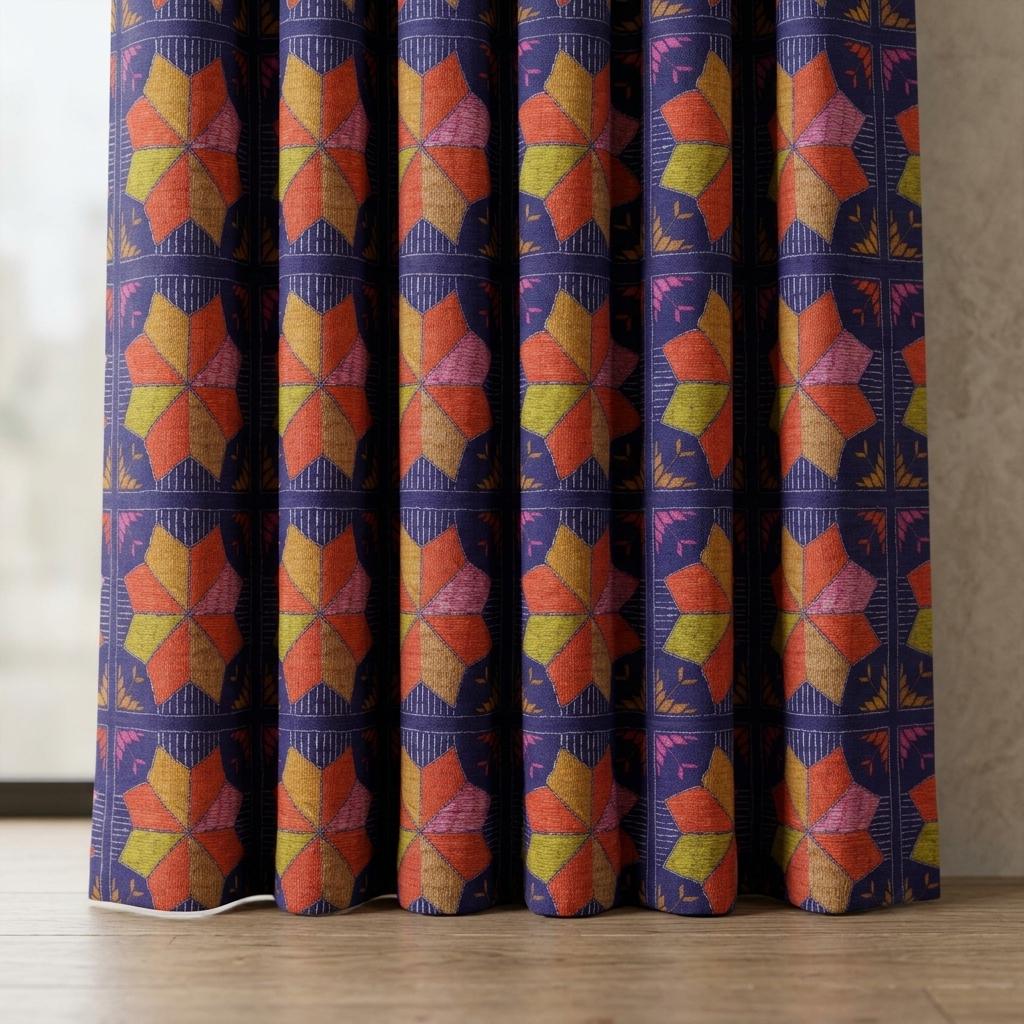 Navy Blue Geometric Linen Cotton Curtains, Orange Pink Mustard Mid Century Drapes, Custom Blackout Window Panels — image 5