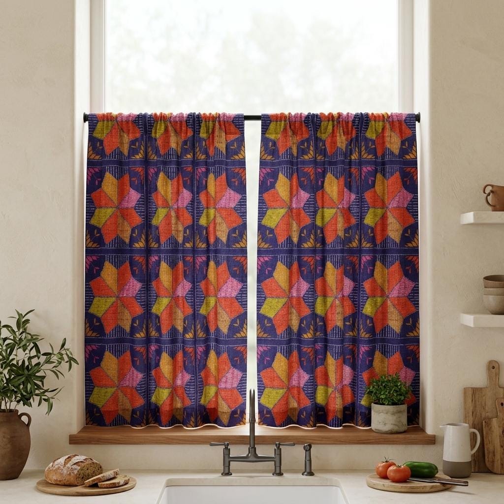 Navy Blue Geometric Linen Cotton Curtains, Orange Pink Mustard Mid Century Drapes, Custom Blackout Window Panels — image 8