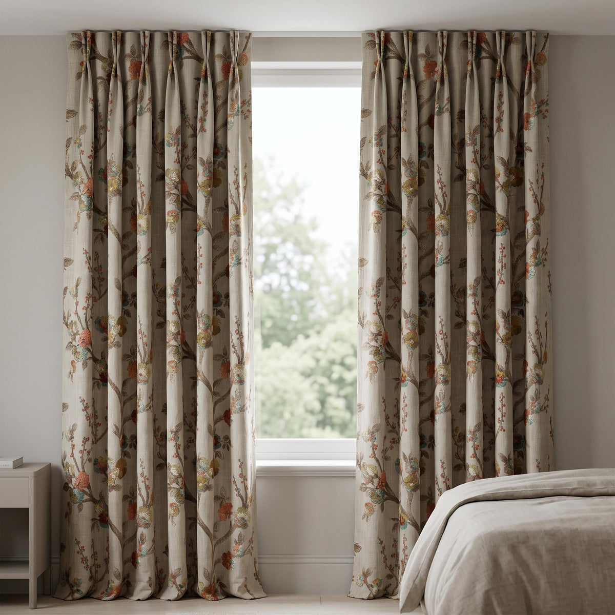 Heavy Natural Oatmeal Linen Curtains, Embroidered Floral Branch Drapes, Custom Blackout or Sheer Living Room Panels — image 8