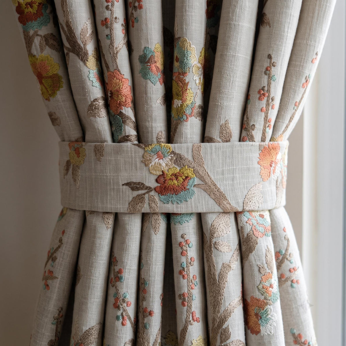 Heavy Natural Oatmeal Linen Curtains, Embroidered Floral Branch Drapes, Custom Blackout or Sheer Living Room Panels — image 2