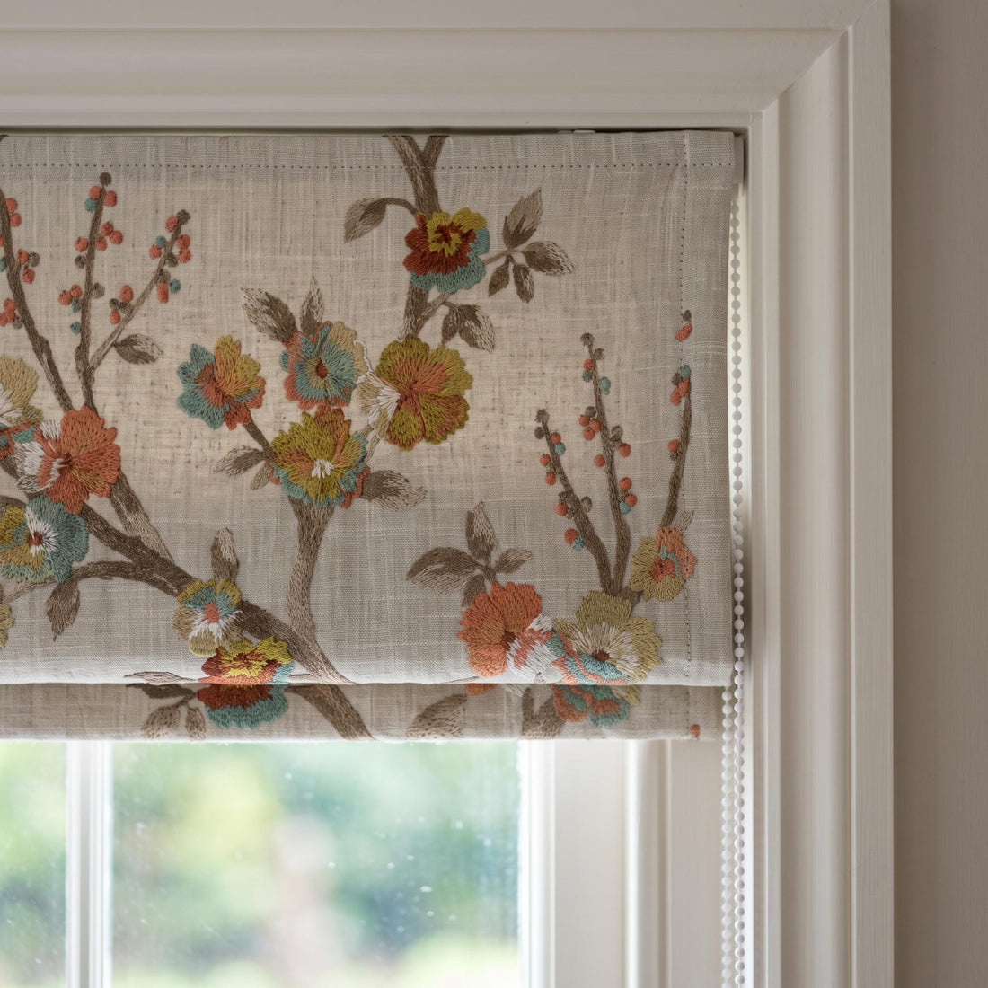 Luxury Custom Roman Shades, Beige Coral Teal Floral Embroidered Linen Roman Blinds, Blackout Corded Window Treatment, Cottage Blind — image 1