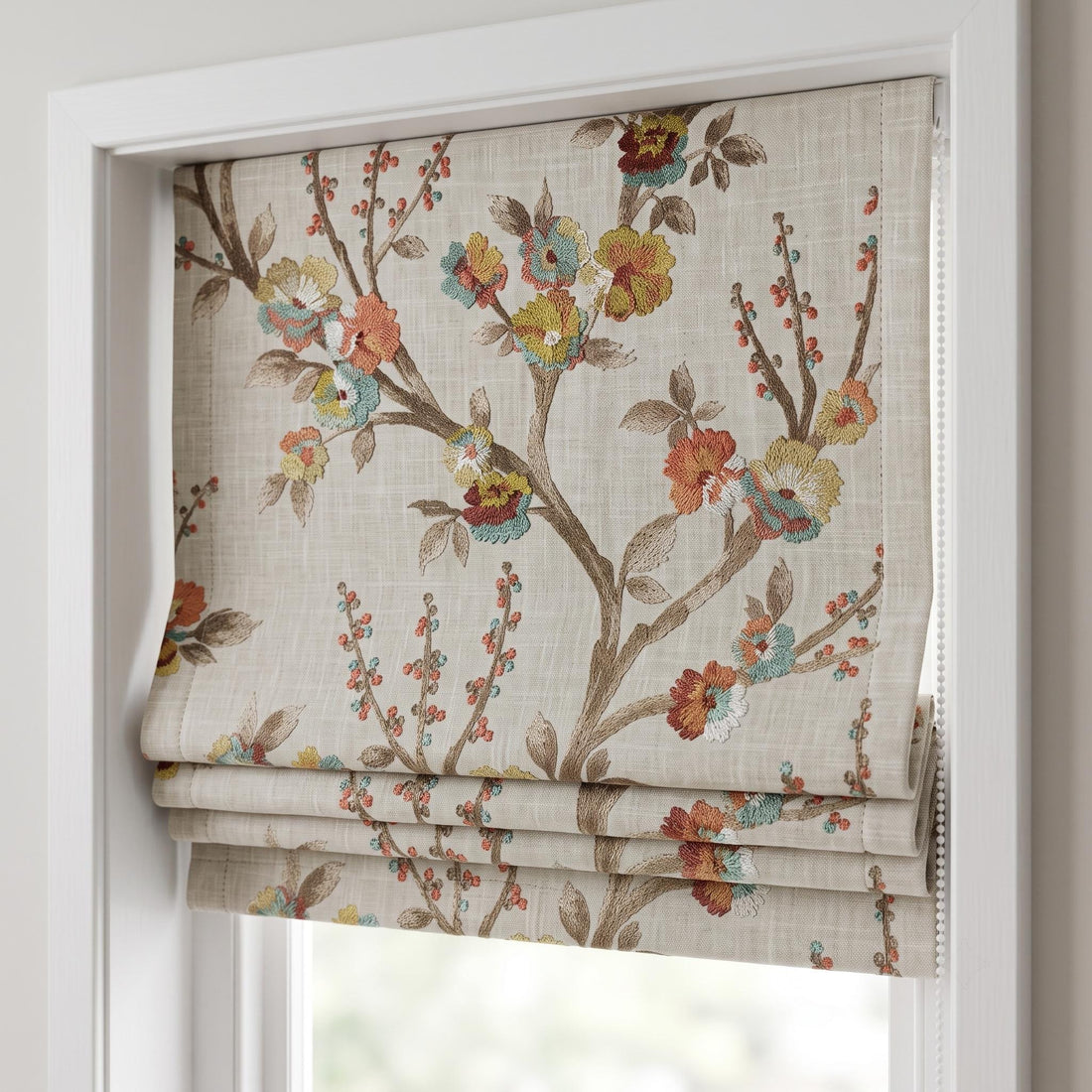 Luxury Custom Roman Shades, Beige Coral Teal Floral Embroidered Linen Roman Blinds, Blackout Corded Window Treatment, Cottage Blind — image 1