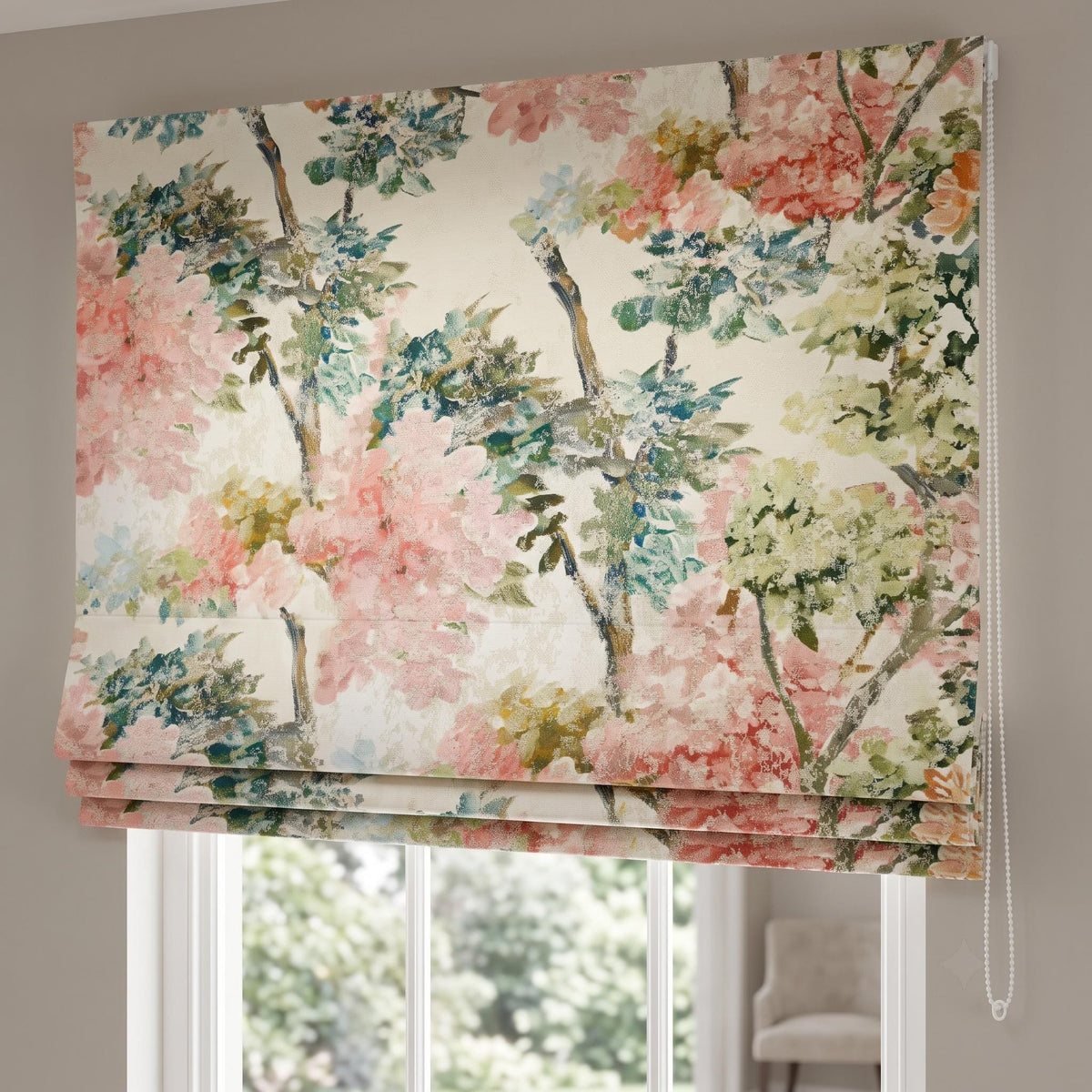 Luxury Custom Roman Shades, Pink Green Floral Jacquard Linen Silk Textured Roman Blind, Blackout Corded Window Treatment — image 7