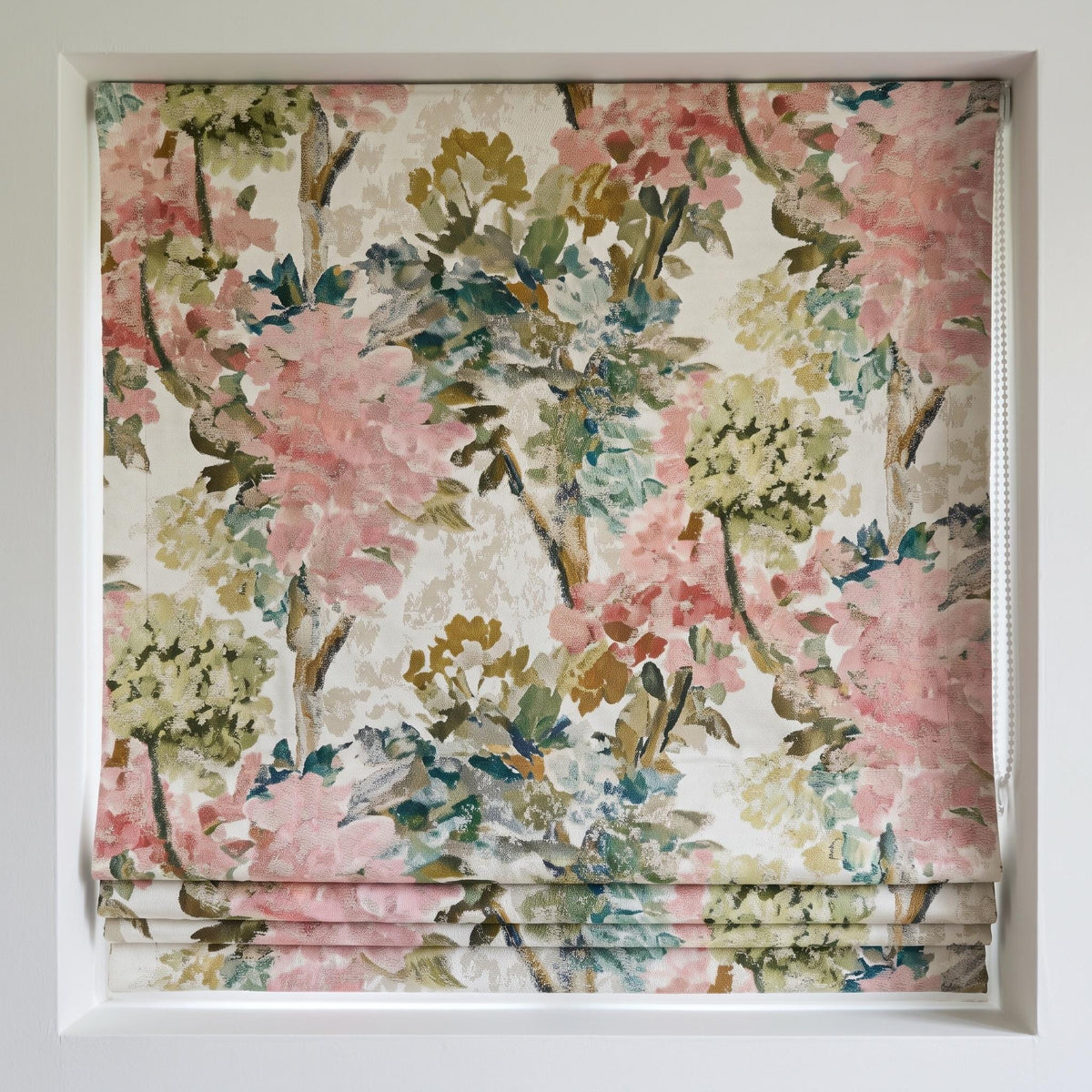 Luxury Custom Roman Shades, Pink Green Floral Jacquard Linen Silk Textured Roman Blind, Blackout Corded Window Treatment — image 8