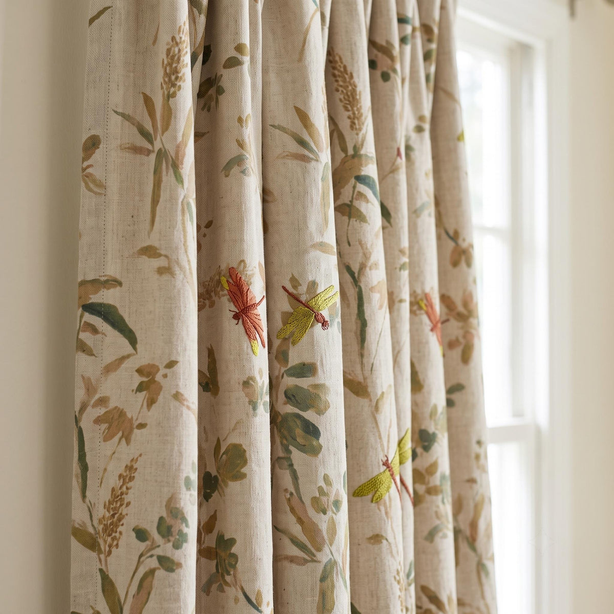Oatmeal Dragonfly Linen Curtains, Embroidered Botanical Drapes, Custom Blackout or Sheer Living Room Panels — image 6
