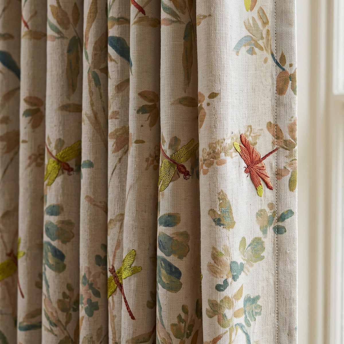 Oatmeal Dragonfly Linen Curtains, Embroidered Botanical Drapes, Custom Blackout or Sheer Living Room Panels — image 1