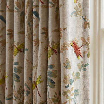 Oatmeal Dragonfly Linen Curtains, Embroidered Botanical Drapes, Custom Blackout or Sheer Living Room Panels — image 1
