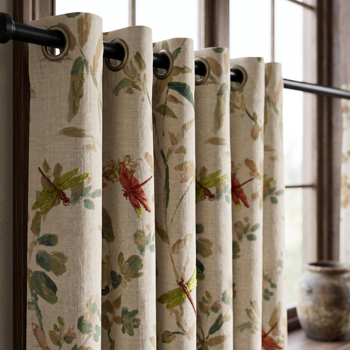 Oatmeal Dragonfly Linen Curtains, Embroidered Botanical Drapes, Custom Blackout or Sheer Living Room Panels — image 4