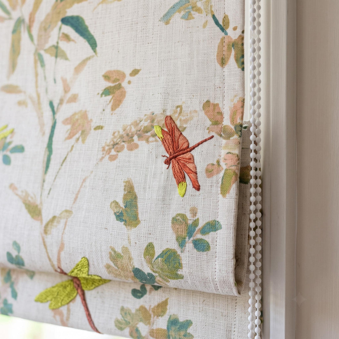 Custom Roman Shades, Oatmeal Green Dragonfly Embroidered Linen Roman Blind, Blackout Corded Window Treatment, Cottage Blind — image 1