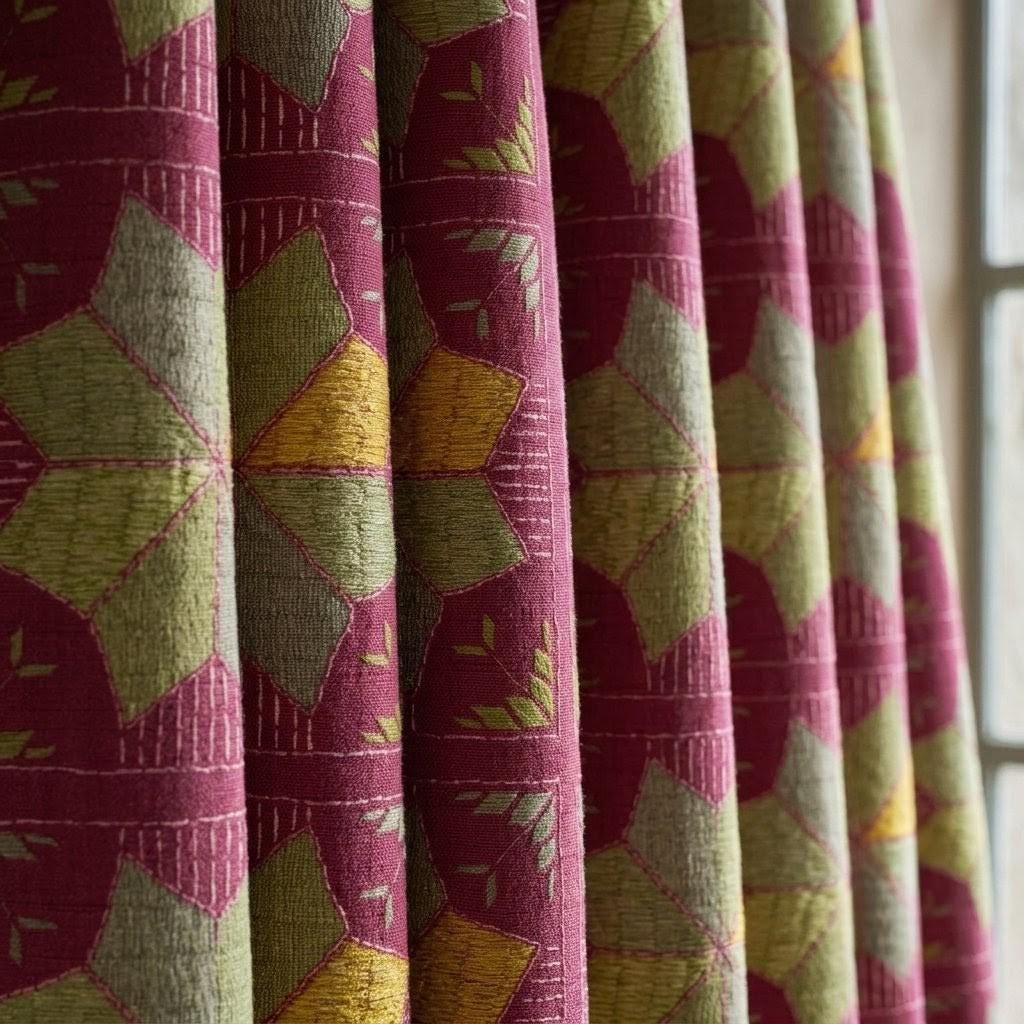 Burgundy Geometric Linen Cotton Curtains, Olive Mustard Mid Century Boho Drapes, Custom Blackout Window Panels — image 8