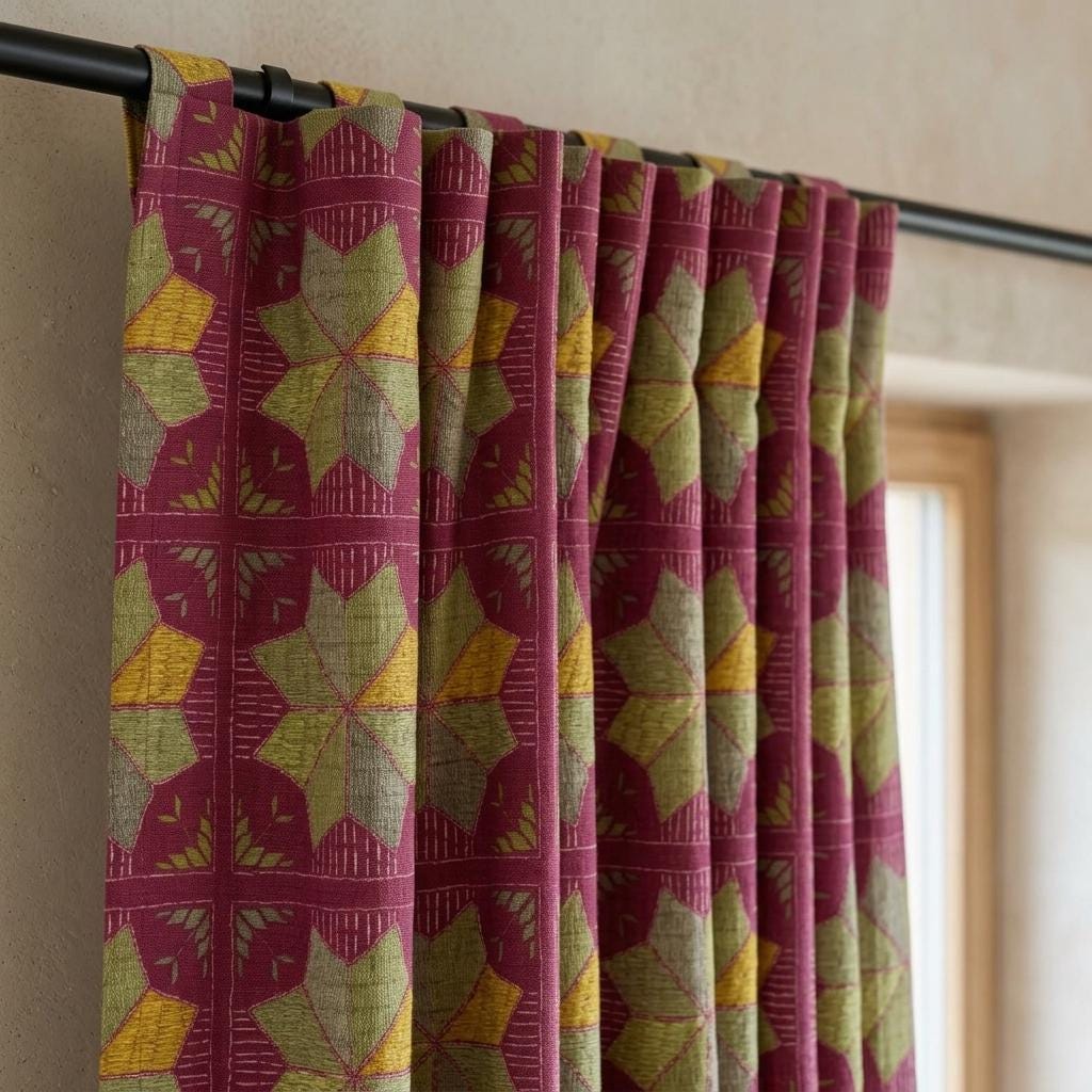 Burgundy Geometric Linen Cotton Curtains, Olive Mustard Mid Century Boho Drapes, Custom Blackout Window Panels — image 7