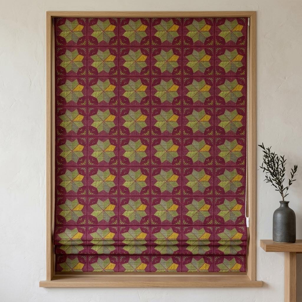 Custom Roman Shade, Raspberry Red Cotton Linen Blind, Olive Green Geometric Boho Window Treatment, Blackout or Light Filtering — image 9