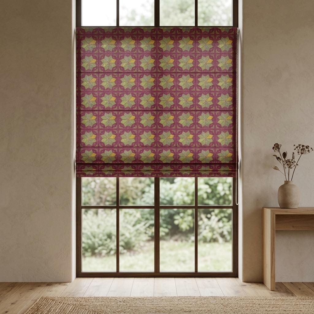 Custom Roman Shade, Raspberry Red Cotton Linen Blind, Olive Green Geometric Boho Window Treatment, Blackout or Light Filtering — image 10